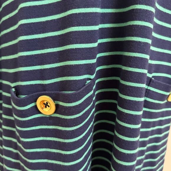 Sail to Sable Navy Blue & Green Striped Shift Dress Gold Buttons Size Large - Picture 5 of 6